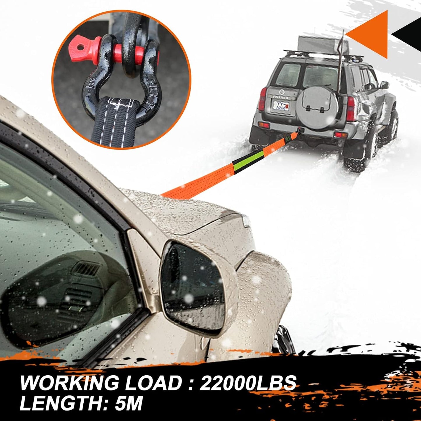 Chinga de remorcare auto, 10 tone, 5 m lungime si 5 cm latime, cu manusi de protectie si carlige ramforsate