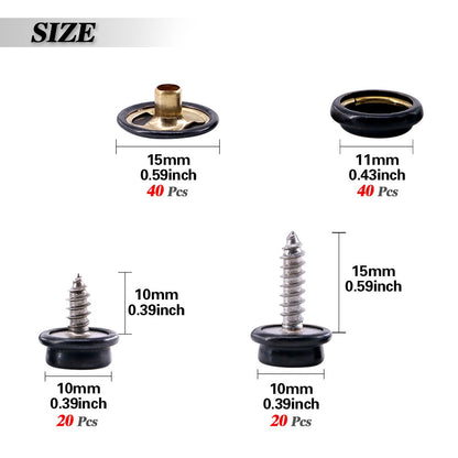 Set capse metalice din otel inoxidabil, 120 piese, butoane cu surub, cu unealta de fixare, de 15 mm, pentru prelate, panza, tapiterie, cu cutie de depozitare, negru