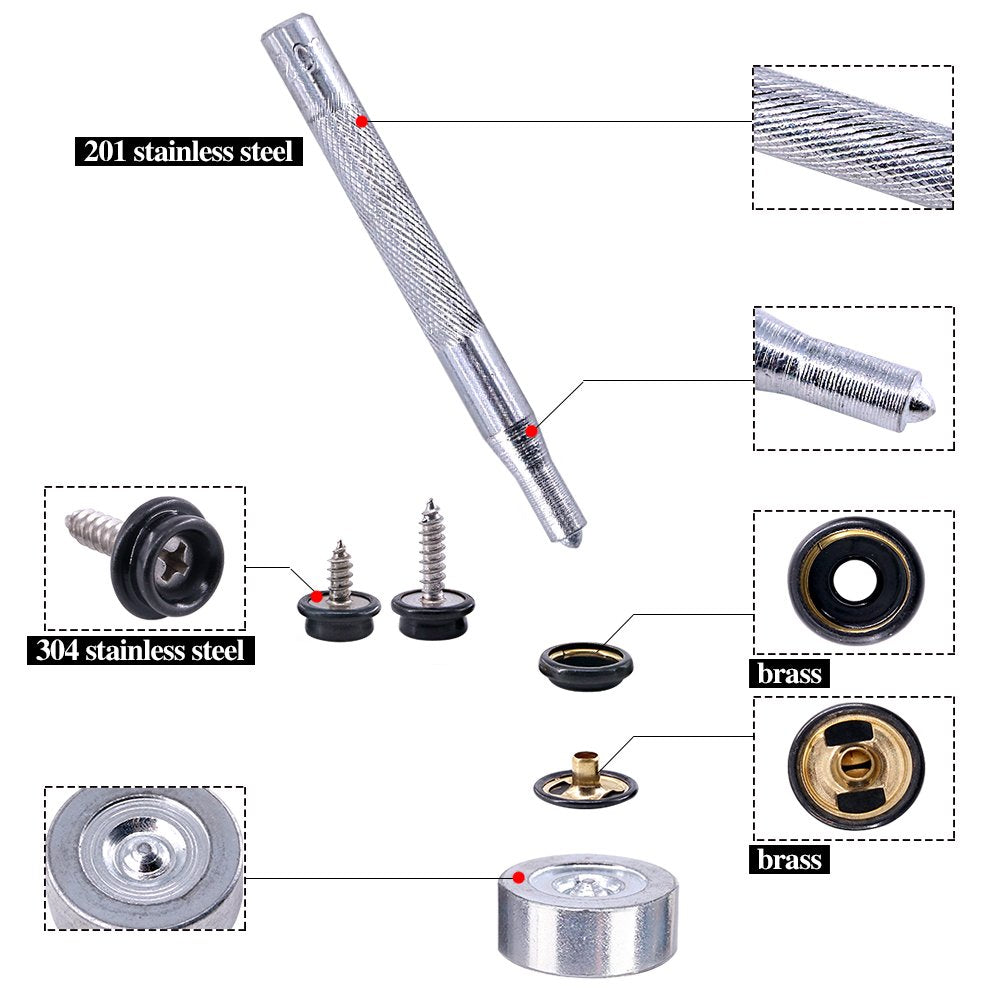 Set capse metalice din otel inoxidabil, 120 piese, butoane cu surub, cu unealta de fixare, de 15 mm, pentru prelate, panza, tapiterie, cu cutie de depozitare, negru