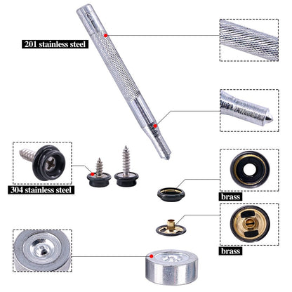 Set capse metalice din otel inoxidabil, 120 piese, butoane cu surub, cu unealta de fixare, de 15 mm, pentru prelate, panza, tapiterie, cu cutie de depozitare, negru