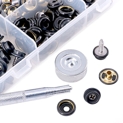Set capse metalice din otel inoxidabil, 120 piese, butoane cu surub, cu unealta de fixare, de 15 mm, pentru prelate, panza, tapiterie, cu cutie de depozitare, negru
