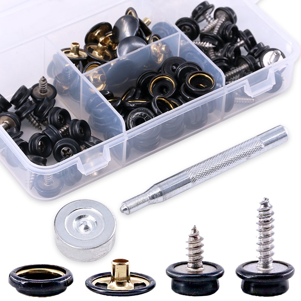 Set capse metalice din otel inoxidabil, 120 piese, butoane cu surub, cu unealta de fixare, de 15 mm, pentru prelate, panza, tapiterie, cu cutie de depozitare, negru