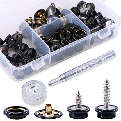 Set capse metalice din otel inoxidabil, 120 piese, butoane cu surub, cu unealta de fixare, de 15 mm, pentru prelate, panza, tapiterie, cu cutie de depozitare, negru