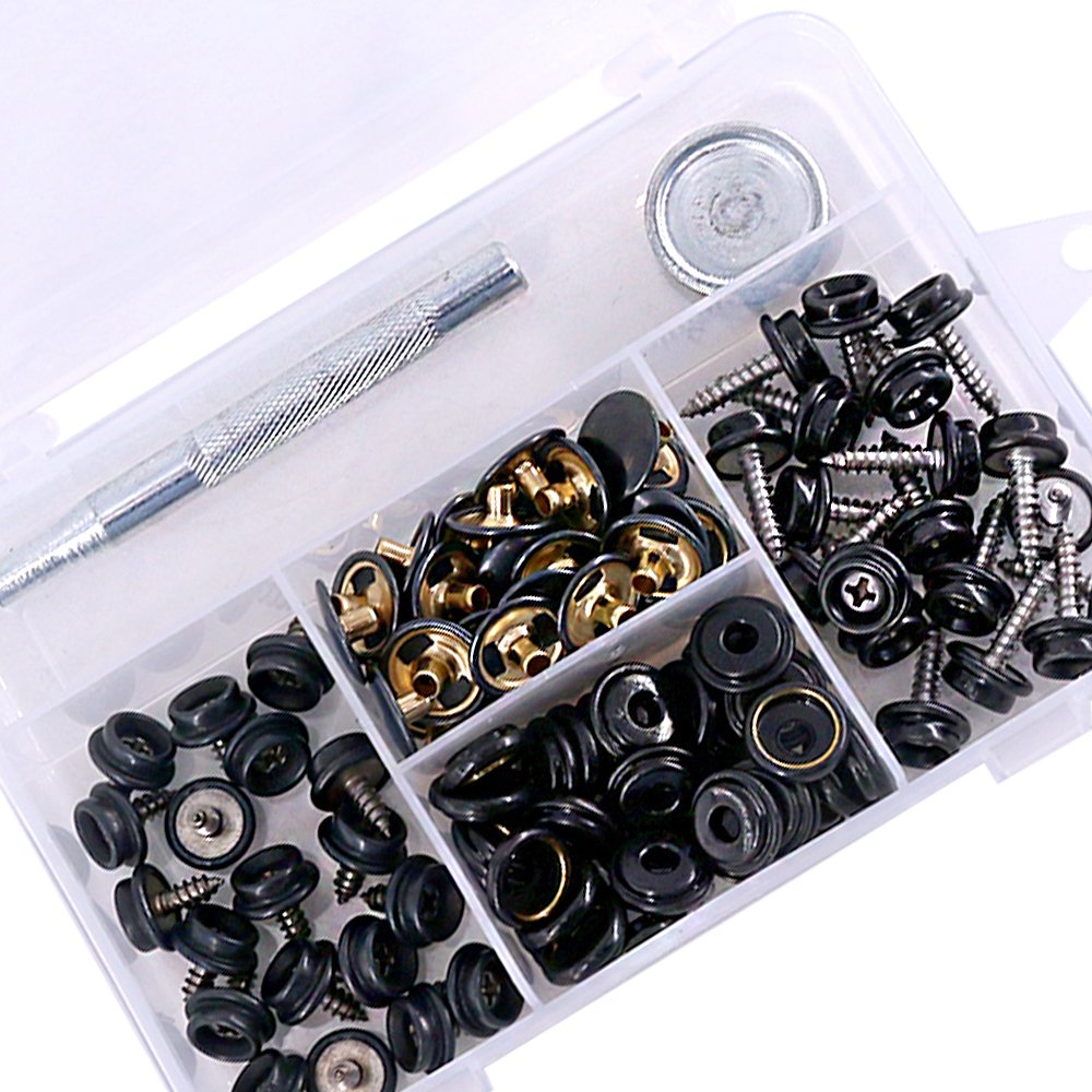 Set capse metalice din otel inoxidabil, 120 piese, butoane cu surub, cu unealta de fixare, de 15 mm, pentru prelate, panza, tapiterie, cu cutie de depozitare, negru