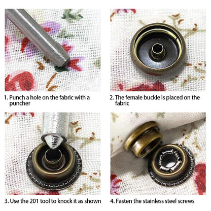 Set capse metalice din otel inoxidabil, 120 piese, butoane cu surub, cu unealta de fixare, de 15 mm, pentru prelate, panza, tapiterie, cu cutie de depozitare, negru