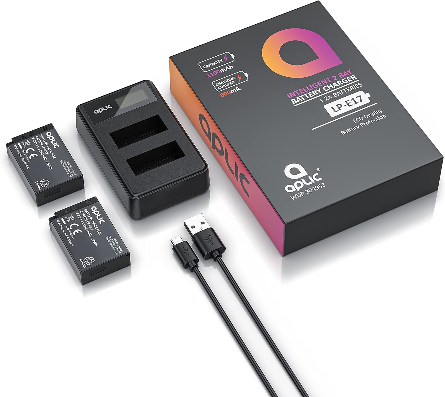 Set 2 acumulatori LP-E17 1100 mAh cu incarcator dublu cu display LCD, pentru Canon EOS RP, M3, M5, M6, M6, EOS 77D, 200D, 250D, 750D, 760D, 800D, 80000D, Rebel T6i, T6s, T7i, SL2, Kiss X8i, X9