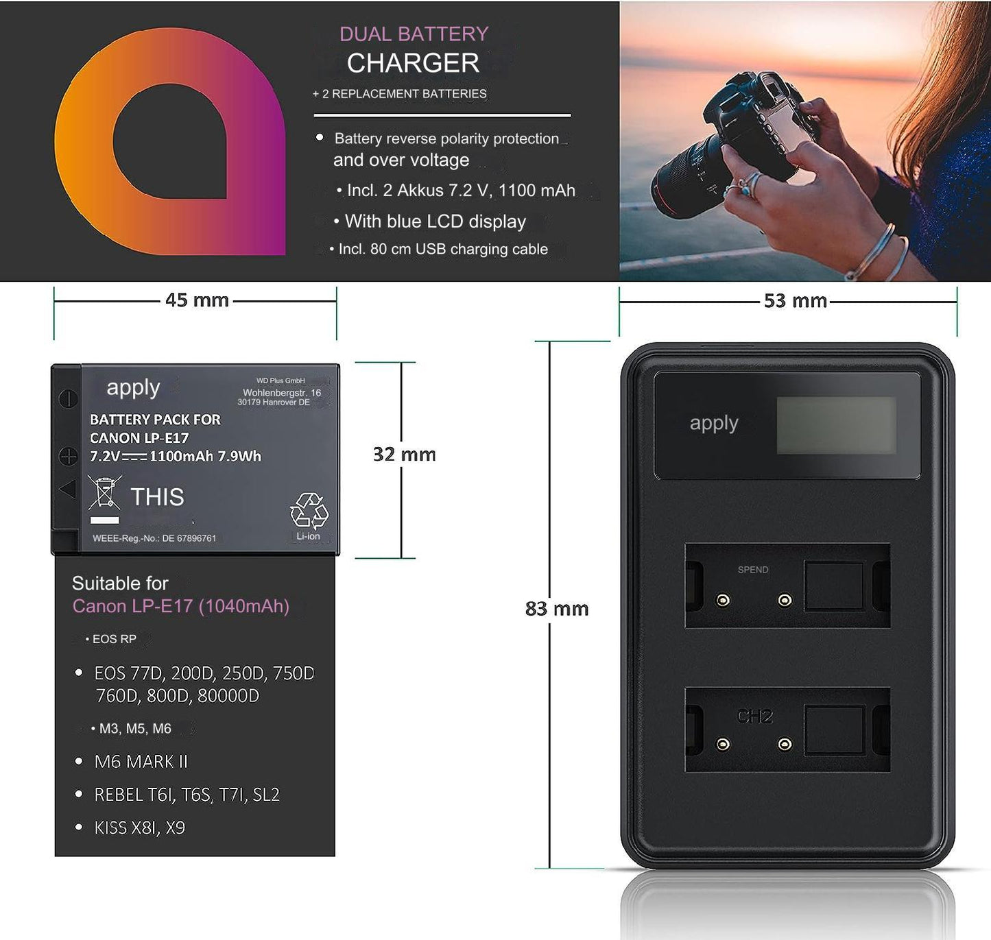 Set 2 acumulatori LP-E17 1100 mAh cu incarcator dublu cu display LCD, pentru Canon EOS RP, M3, M5, M6, M6, EOS 77D, 200D, 250D, 750D, 760D, 800D, 80000D, Rebel T6i, T6s, T7i, SL2, Kiss X8i, X9
