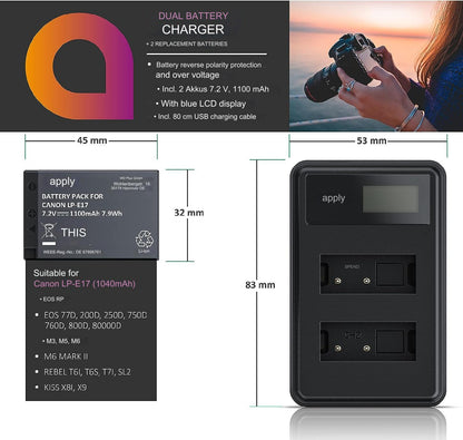 Set 2 acumulatori LP-E17 1100 mAh cu incarcator dublu cu display LCD, pentru Canon EOS RP, M3, M5, M6, M6, EOS 77D, 200D, 250D, 750D, 760D, 800D, 80000D, Rebel T6i, T6s, T7i, SL2, Kiss X8i, X9