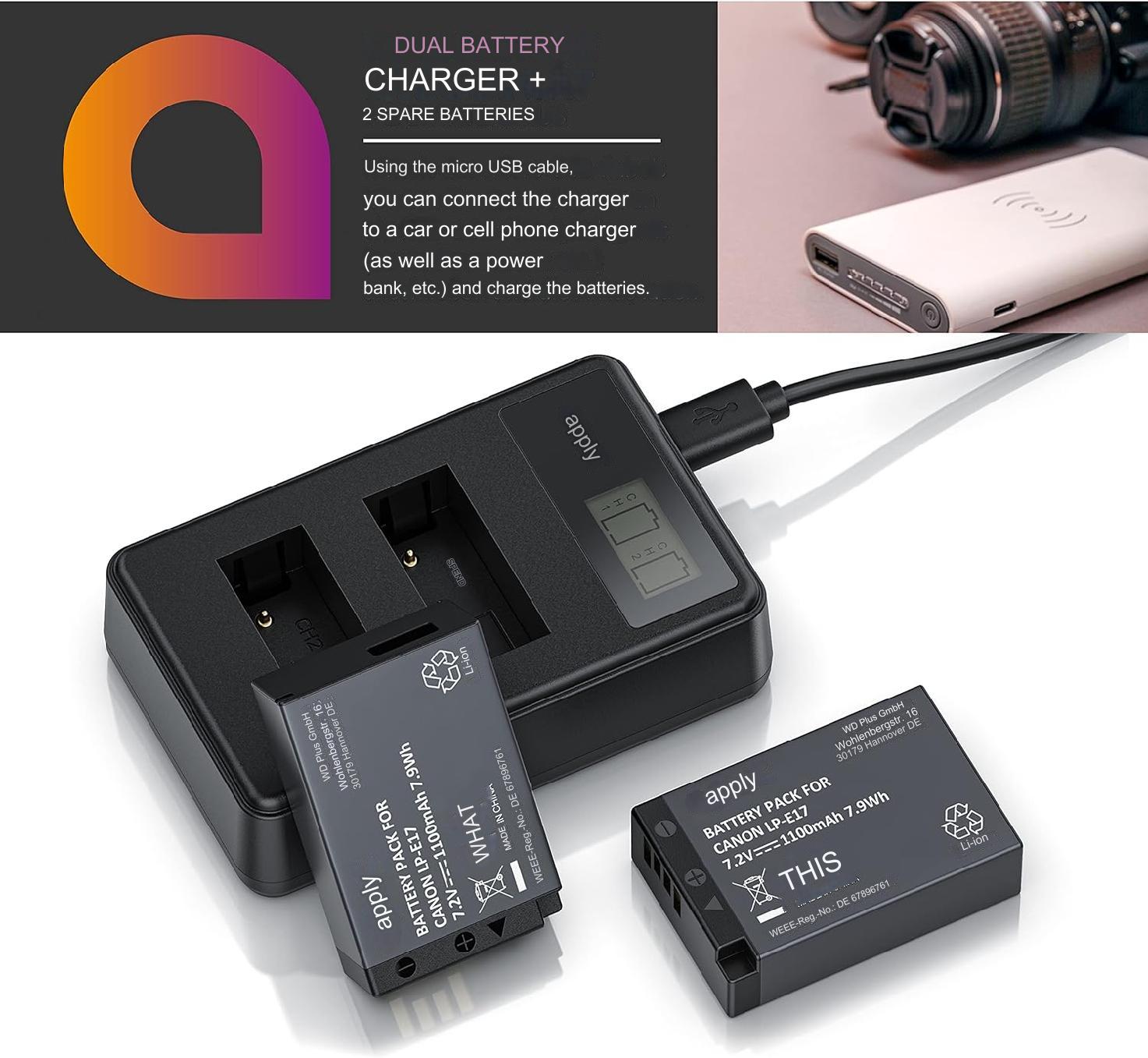 Set 2 acumulatori LP-E17 1100 mAh cu incarcator dublu cu display LCD, pentru Canon EOS RP, M3, M5, M6, M6, EOS 77D, 200D, 250D, 750D, 760D, 800D, 80000D, Rebel T6i, T6s, T7i, SL2, Kiss X8i, X9