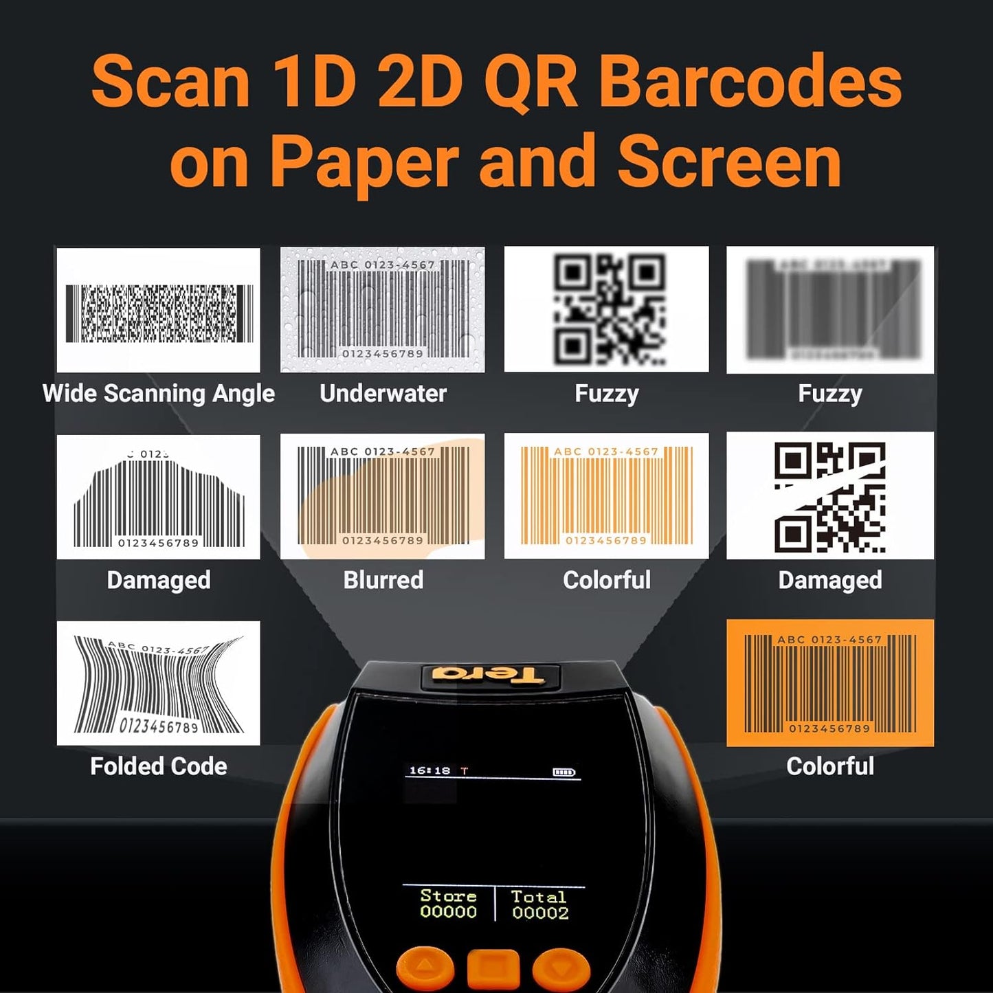 Cititor coduri de bare wireless Tera, cu ecran LCD, fara fir 2,4 GHz sau cu fir USB, Bluetooth, portabil, 100 m raza de actiune, 1D 2D QR si statie de incarcare, negru