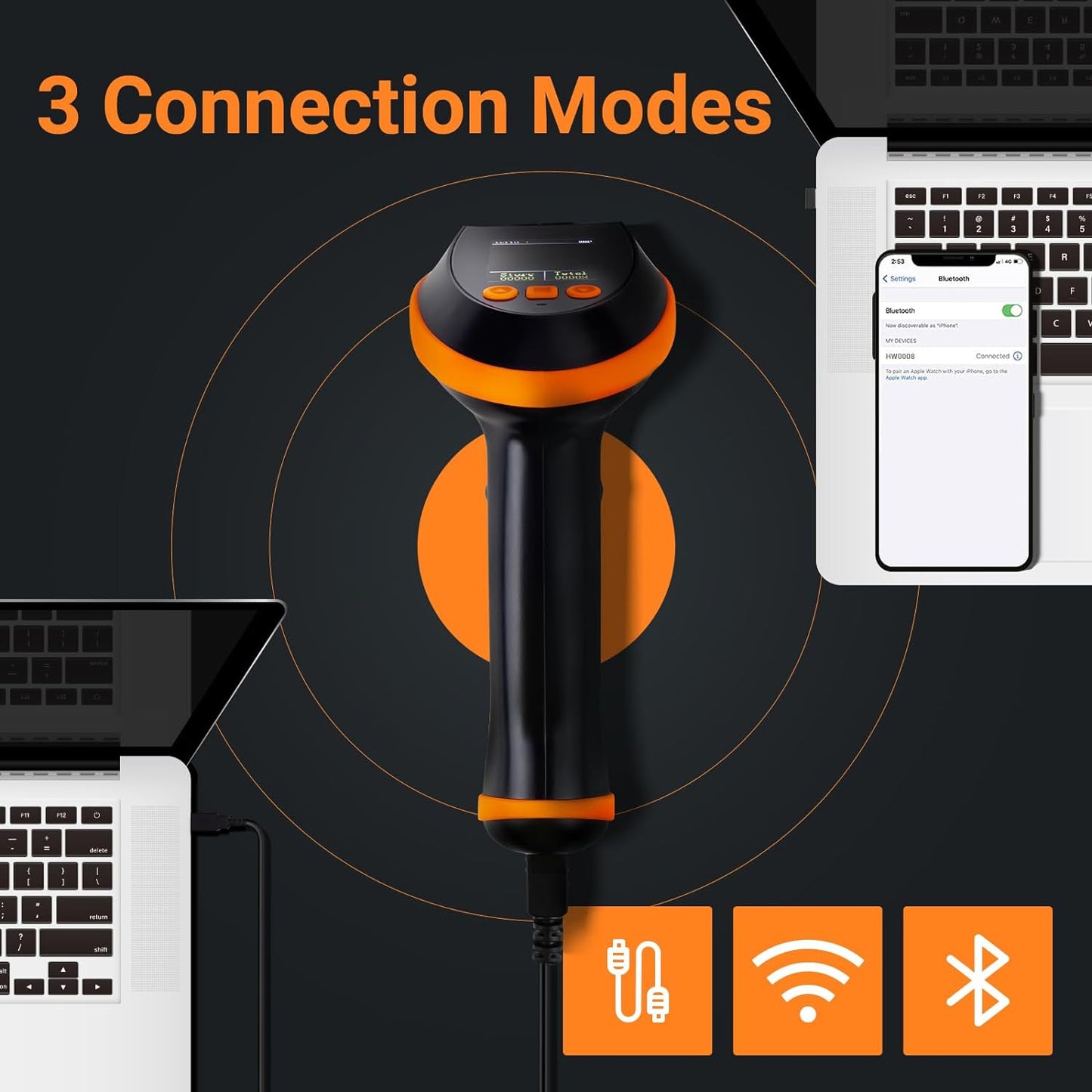 Cititor coduri de bare wireless Tera, cu ecran LCD, fara fir 2,4 GHz sau cu fir USB, Bluetooth, portabil, 100 m raza de actiune, 1D 2D QR si statie de incarcare, negru