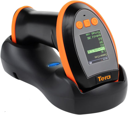 Cititor coduri de bare wireless Tera, cu ecran LCD, fara fir 2,4 GHz sau cu fir USB, Bluetooth, portabil, 100 m raza de actiune, 1D 2D QR si statie de incarcare, negru