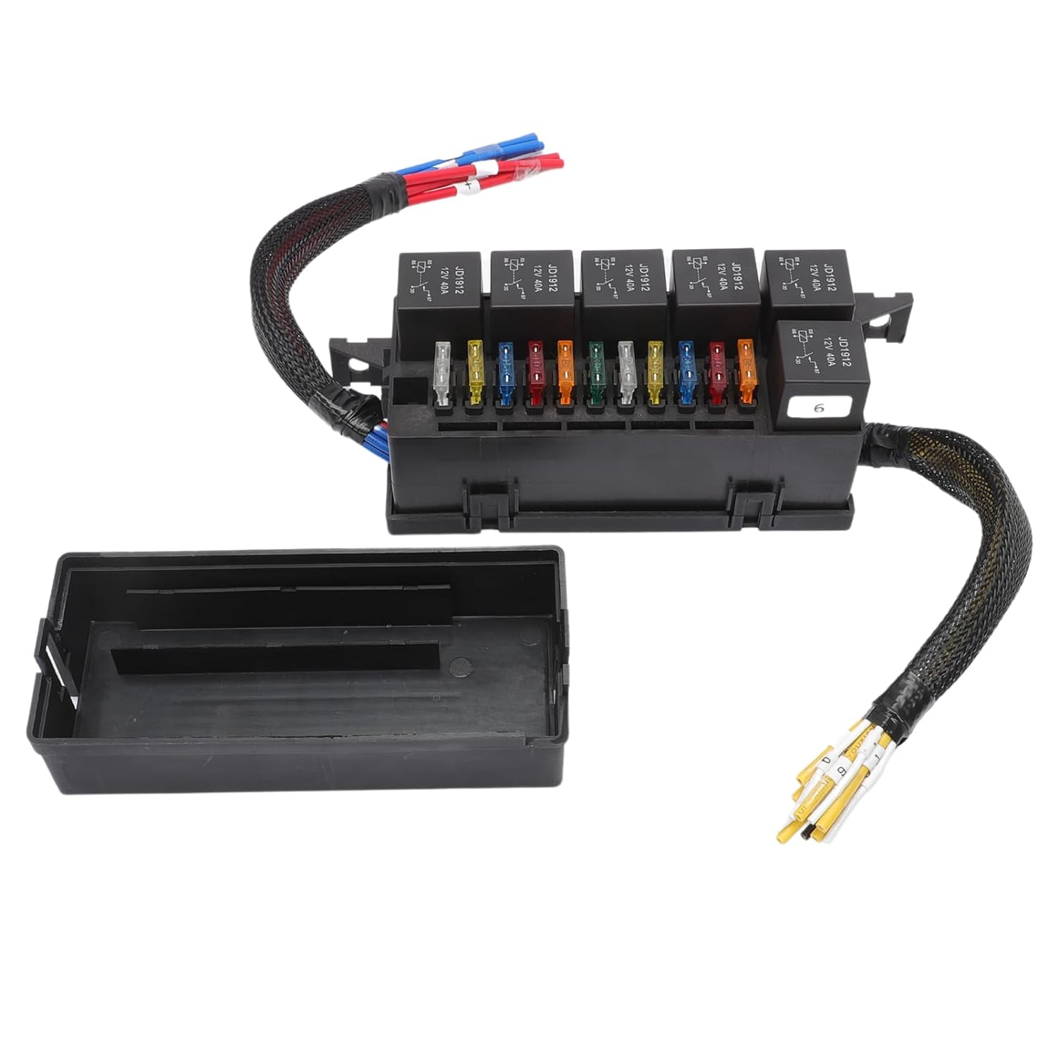 Set cutie relee si sigurante auto 12V, cu 6 relee JD1914 40A cu 4 pini, 11 sigurante auto ATC/ATO, cutie impermeabila, impotriva prafului, rezistenta la caldura