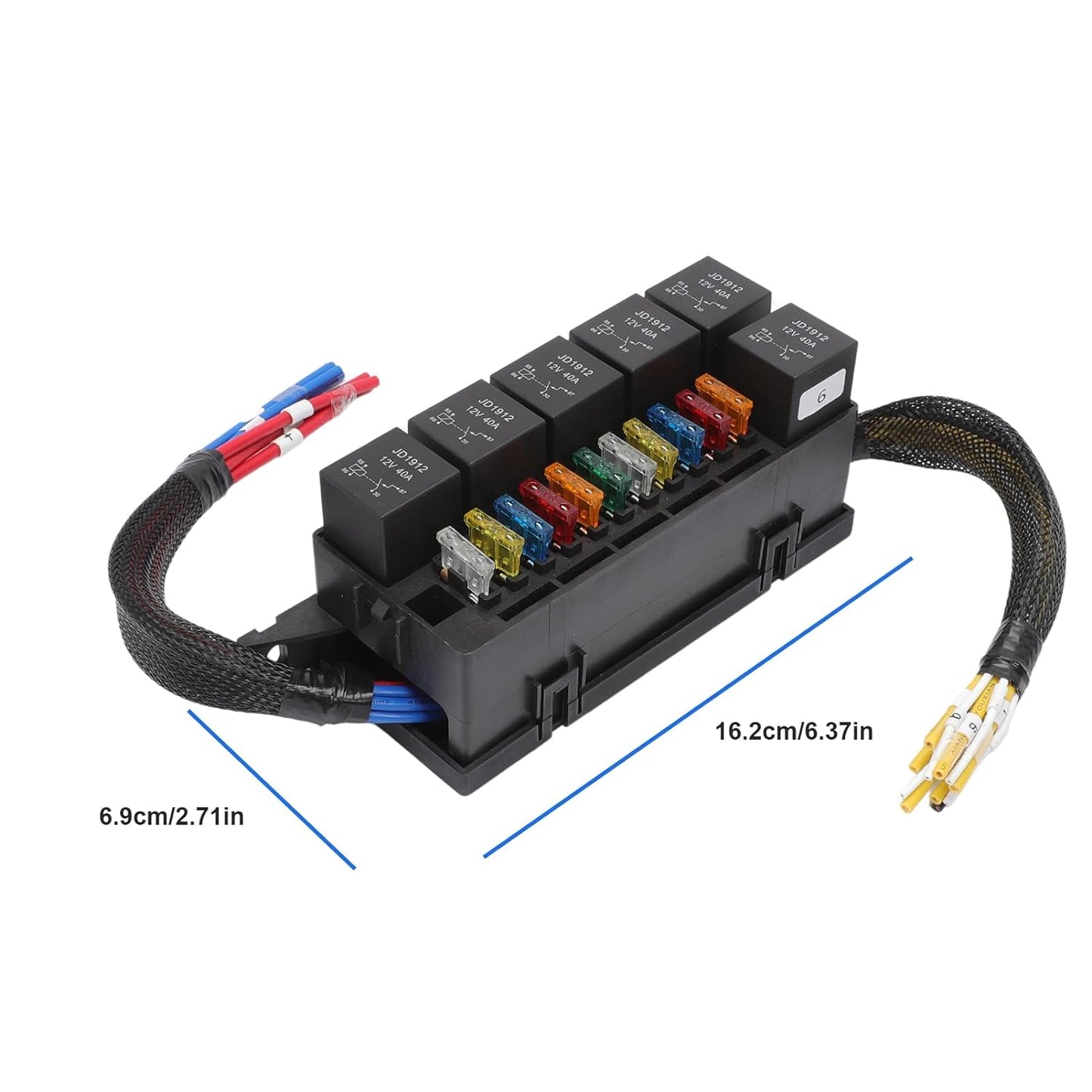 Set cutie relee si sigurante auto 12V, cu 6 relee JD1914 40A cu 4 pini, 11 sigurante auto ATC/ATO, cutie impermeabila, impotriva prafului, rezistenta la caldura