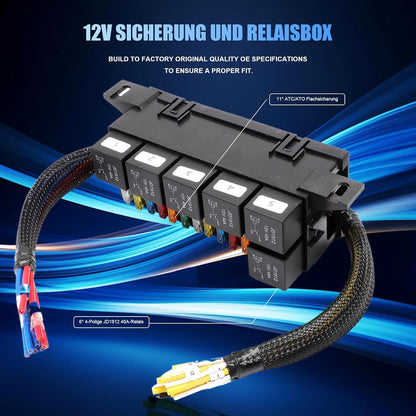Set cutie relee si sigurante auto 12V, cu 6 relee JD1914 40A cu 4 pini, 11 sigurante auto ATC/ATO, cutie impermeabila, impotriva prafului, rezistenta la caldura