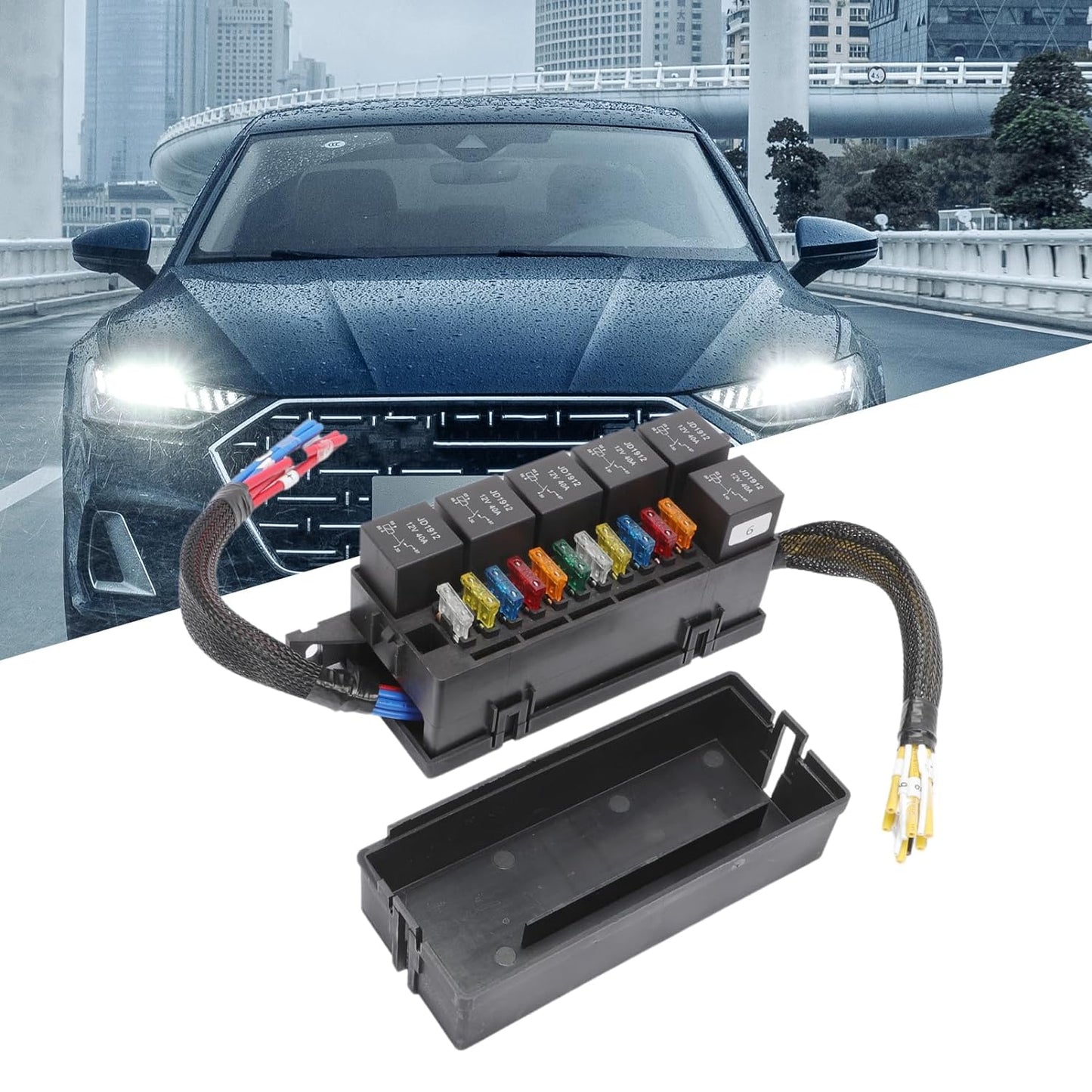 Set cutie relee si sigurante auto 12V, cu 6 relee JD1914 40A cu 4 pini, 11 sigurante auto ATC/ATO, cutie impermeabila, impotriva prafului, rezistenta la caldura
