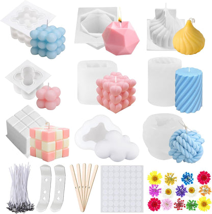Set 9 forme de silicon pentru a face lumanarii, 9x matrite silicon, 100x fitile, 2x suport fitil, 56x autocolante pentru fitil, 5x bete de amestecat, 14x flori uscate