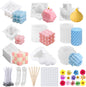 Set 9 forme de silicon pentru a face lumanarii, 9x matrite silicon, 100x fitile, 2x suport fitil, 56x autocolante pentru fitil, 5x bete de amestecat, 14x flori uscate