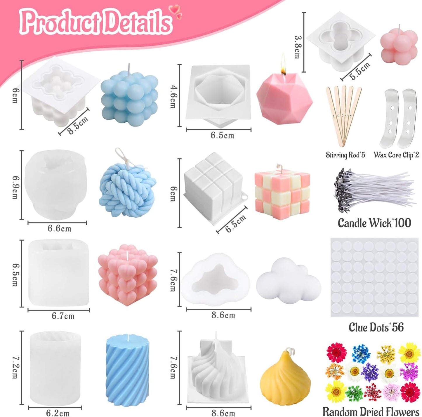 Set 9 forme de silicon pentru a face lumanarii, 9x matrite silicon, 100x fitile, 2x suport fitil, 56x autocolante pentru fitil, 5x bete de amestecat, 14x flori uscate