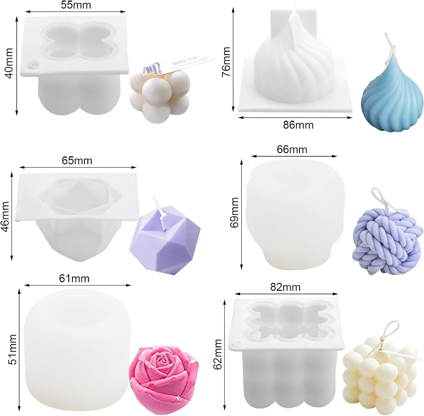 Set 6 matrita de silicon pentru lumanari, 100x fitile, 2x suport fitil, 1x ac de gaurit, din silicon alimentar, 3D, netoxice, inodore, flexibile si durabile, pentru confectionare lumanari, sapunuri, si prajituri, mousse, dulciuri, ciocolata, inghetata
