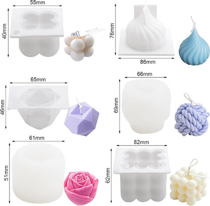 Set 6 matrita de silicon pentru lumanari, 100x fitile, 2x suport fitil, 1x ac de gaurit, din silicon alimentar, 3D, netoxice, inodore, flexibile si durabile, pentru confectionare lumanari, sapunuri, si prajituri, mousse, dulciuri, ciocolata, inghetata