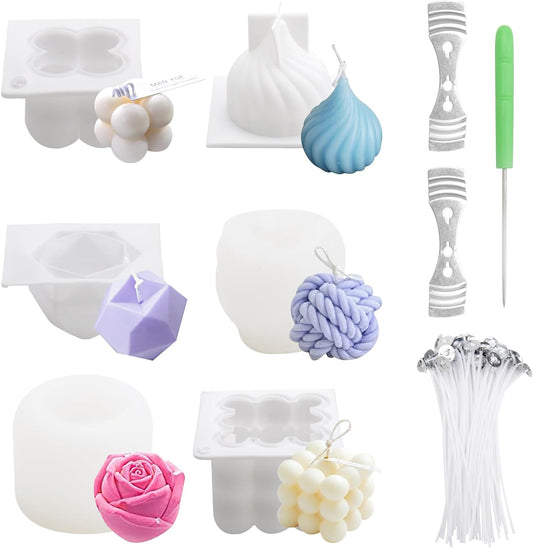Set 6 matrita de silicon pentru lumanari, 100x fitile, 2x suport fitil, 1x ac de gaurit, din silicon alimentar, 3D, netoxice, inodore, flexibile si durabile, pentru confectionare lumanari, sapunuri, si prajituri, mousse, dulciuri, ciocolata, inghetata