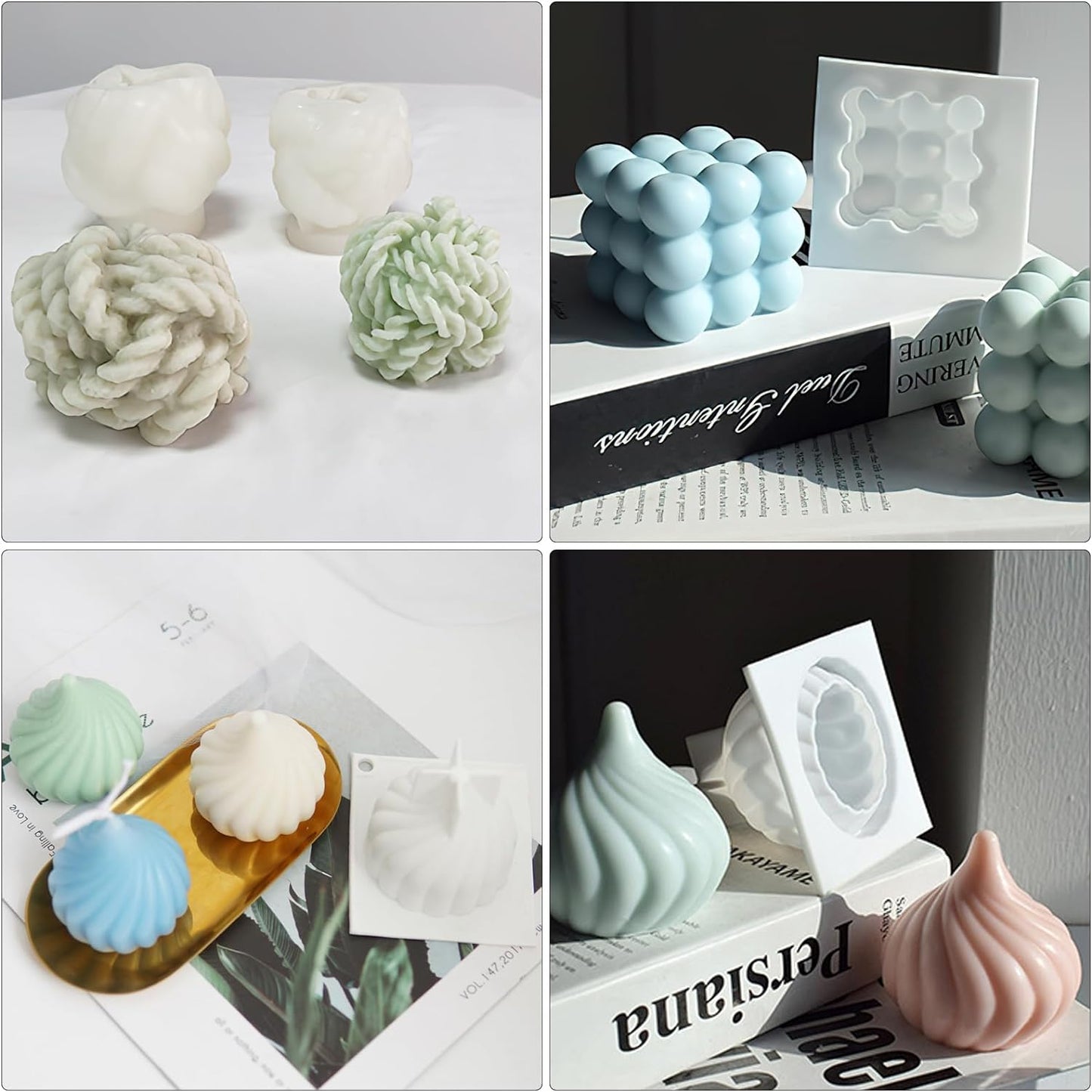 Set 6 matrita de silicon pentru lumanari, 100x fitile, 2x suport fitil, 1x ac de gaurit, din silicon alimentar, 3D, netoxice, inodore, flexibile si durabile, pentru confectionare lumanari, sapunuri, si prajituri, mousse, dulciuri, ciocolata, inghetata