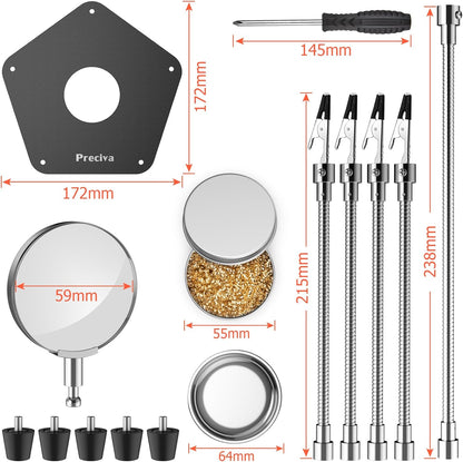 Suport de lipit cu lupa si 4 brate flexibile, cu cleme, rotative la 360°,cu baza metalica si picioruse din cauciuc anti-alunecare, compartiment de depozitare, pentru pistol si ciocan de lipit