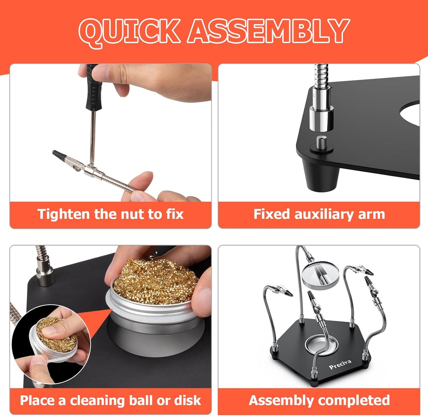 Suport de lipit cu lupa si 4 brate flexibile, cu cleme, rotative la 360°,cu baza metalica si picioruse din cauciuc anti-alunecare, compartiment de depozitare, pentru pistol si ciocan de lipit