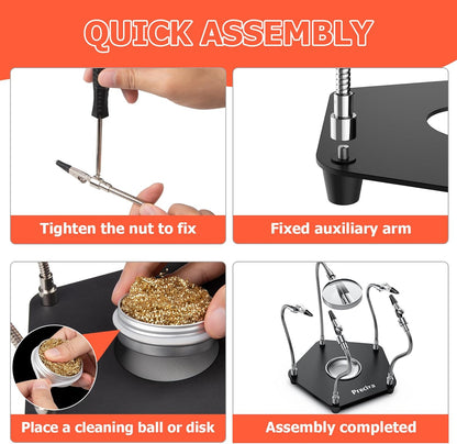 Suport de lipit cu lupa si 4 brate flexibile, cu cleme, rotative la 360°,cu baza metalica si picioruse din cauciuc anti-alunecare, compartiment de depozitare, pentru pistol si ciocan de lipit