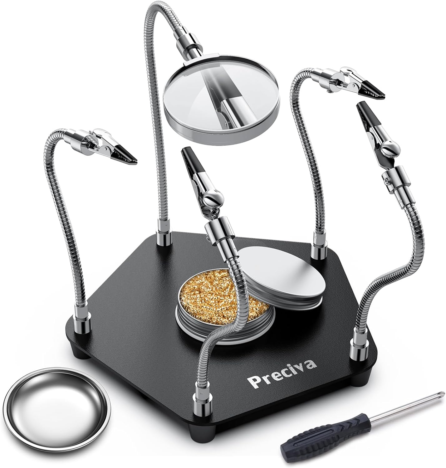 Suport de lipit cu lupa si 4 brate flexibile, cu cleme, rotative la 360°,cu baza metalica si picioruse din cauciuc anti-alunecare, compartiment de depozitare, pentru pistol si ciocan de lipit
