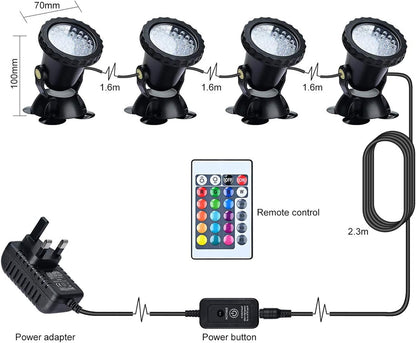 Set de 4 lampi subacvatice pentru piscina, acvariu, iaz, fantana arteziana, LED RGB, cu control prin telecomanda, impermeabile IP68, luminozitate reglabila, 36 LED-uri, rotatie 180 de grade, negru