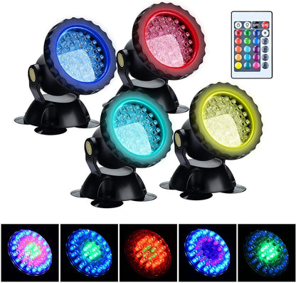 Set de 4 lampi subacvatice pentru piscina, acvariu, iaz, fantana arteziana, LED RGB, cu control prin telecomanda, impermeabile IP68, luminozitate reglabila, 36 LED-uri, rotatie 180 de grade, negru