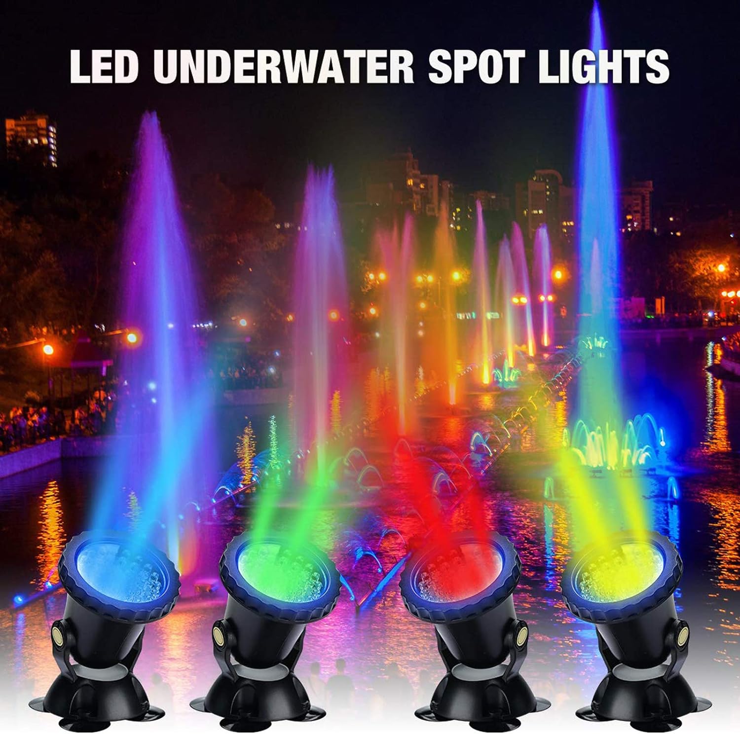 Set de 4 lampi subacvatice pentru piscina, acvariu, iaz, fantana arteziana, LED RGB, cu control prin telecomanda, impermeabile IP68, luminozitate reglabila, 36 LED-uri, rotatie 180 de grade, negru