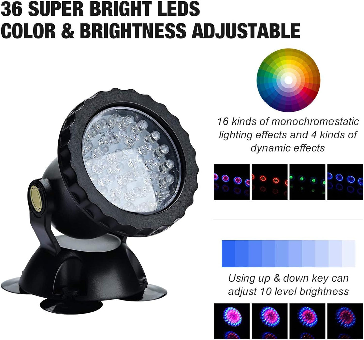 Set de 4 lampi subacvatice pentru piscina, acvariu, iaz, fantana arteziana, LED RGB, cu control prin telecomanda, impermeabile IP68, luminozitate reglabila, 36 LED-uri, rotatie 180 de grade, negru