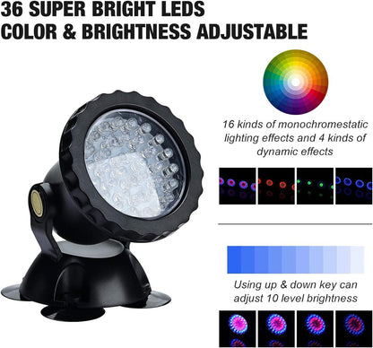 Set de 4 lampi subacvatice pentru piscina, acvariu, iaz, fantana arteziana, LED RGB, cu control prin telecomanda, impermeabile IP68, luminozitate reglabila, 36 LED-uri, rotatie 180 de grade, negru