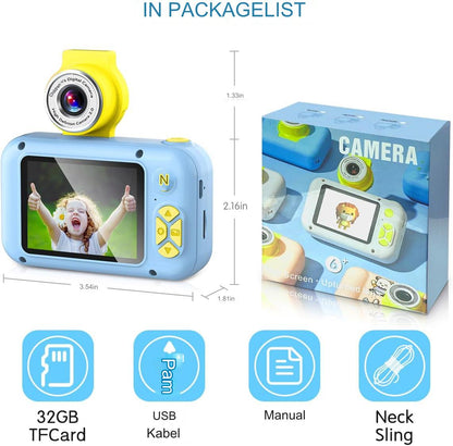 Aparat foto pentru copii, 40 MP, 1080P HD, ecran 2.4 inch, zoom 4x, camera rotativa 180° pentru selfie, jocuri incorporate, card 32 GB