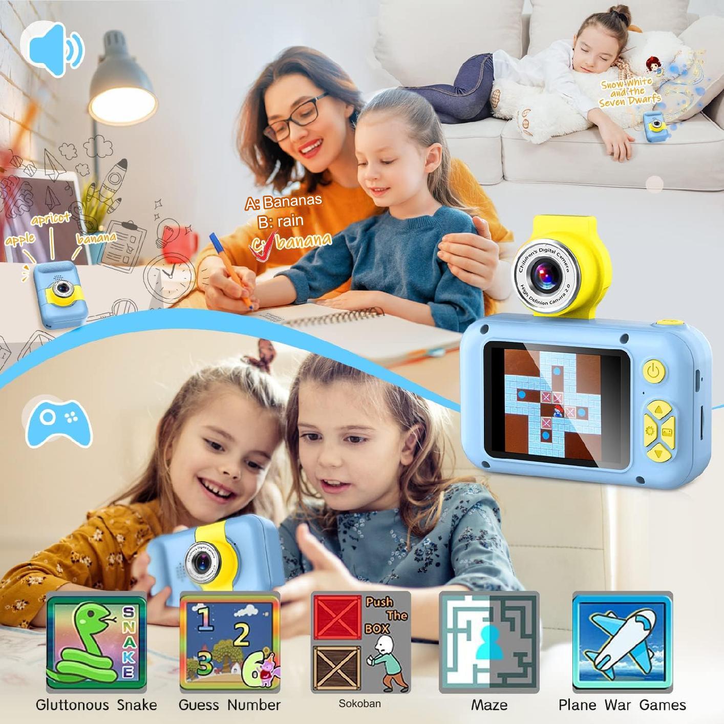 Aparat foto pentru copii, 40 MP, 1080P HD, ecran 2.4 inch, zoom 4x, camera rotativa 180° pentru selfie, jocuri incorporate, card 32 GB
