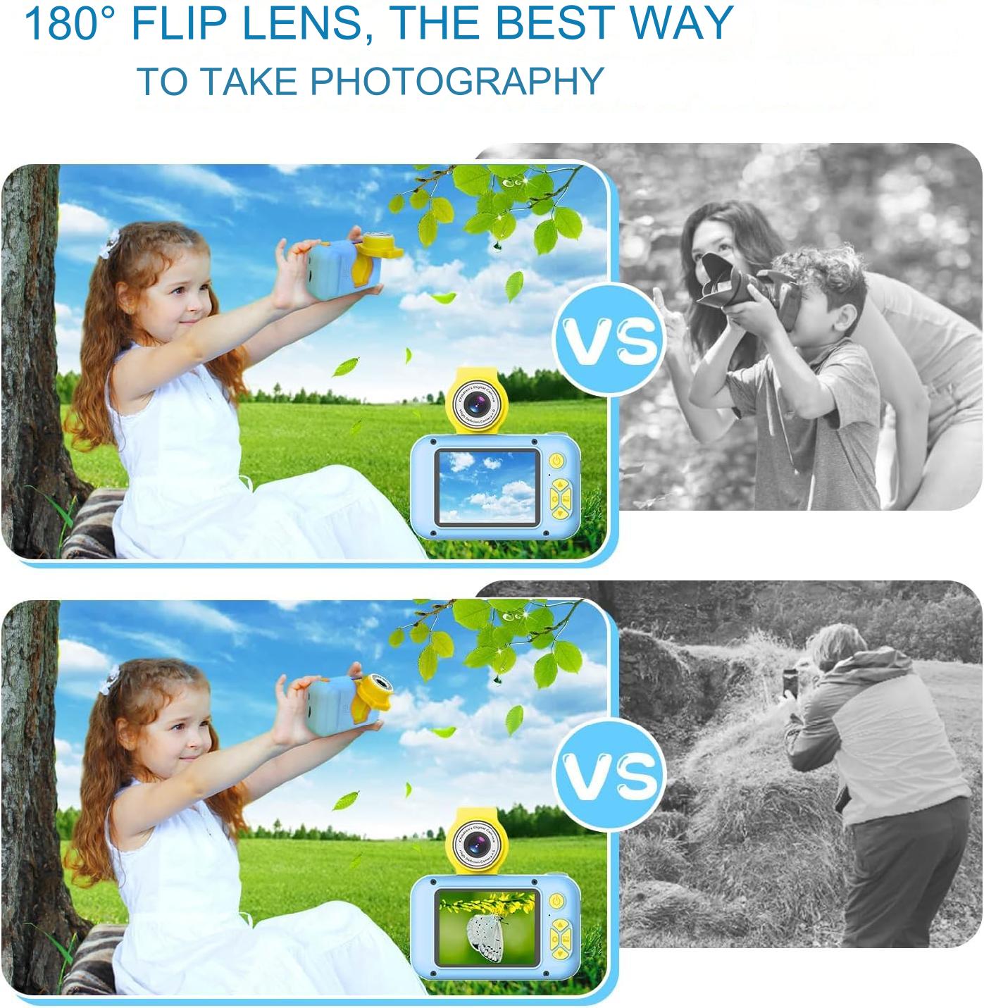 Aparat foto pentru copii, 40 MP, 1080P HD, ecran 2.4 inch, zoom 4x, camera rotativa 180° pentru selfie, jocuri incorporate, card 32 GB