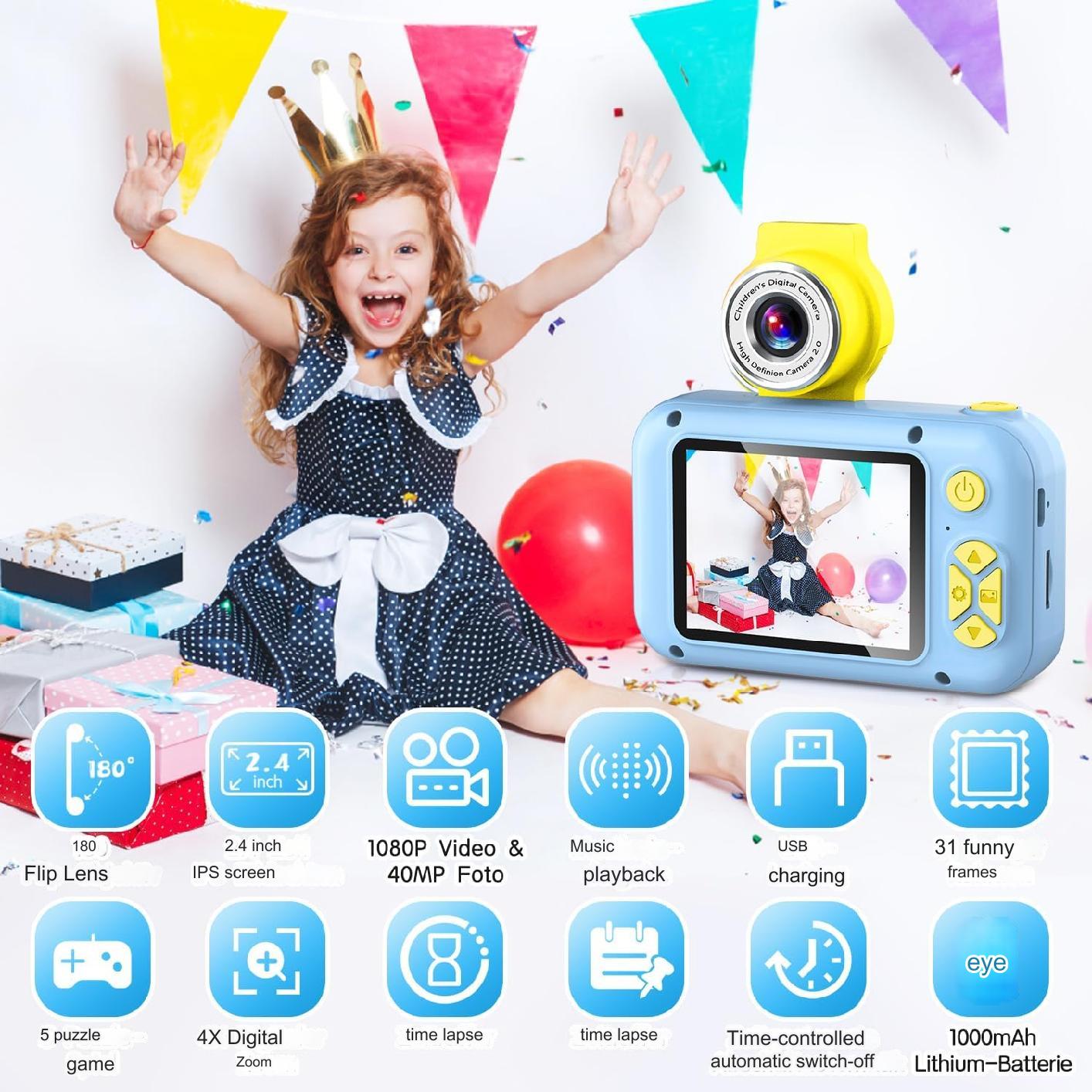 Aparat foto pentru copii, 40 MP, 1080P HD, ecran 2.4 inch, zoom 4x, camera rotativa 180° pentru selfie, jocuri incorporate, card 32 GB