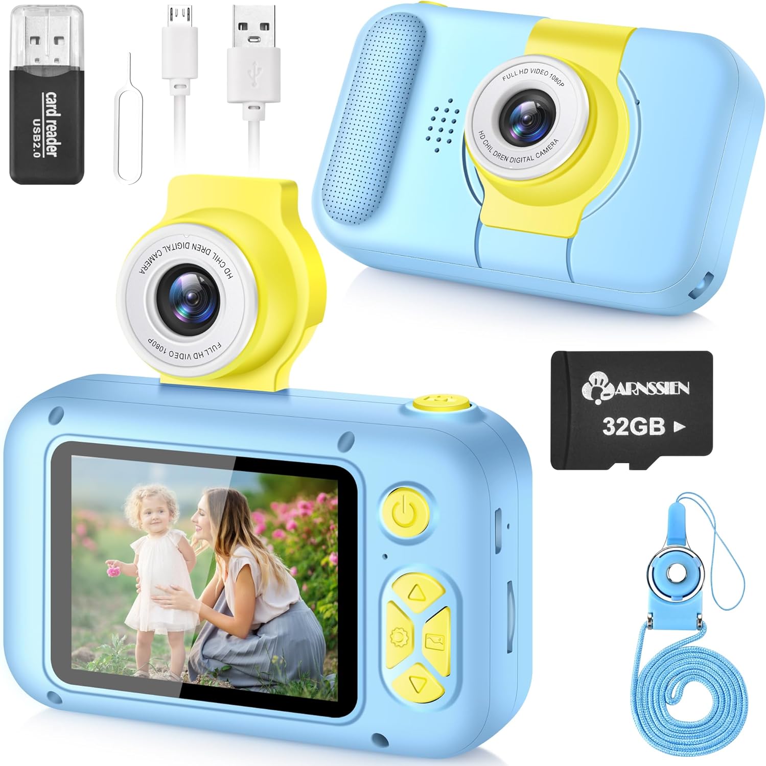 Aparat foto pentru copii, 40 MP, 1080P HD, ecran 2.4 inch, zoom 4x, camera rotativa 180° pentru selfie, jocuri incorporate, card 32 GB