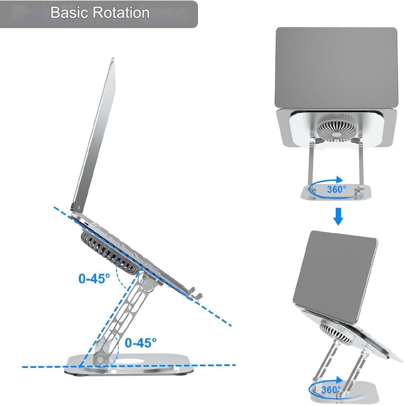 Stand pentru laptop si tableta, ventilatie prin cooler, pliabil si portabil, reglabil cu unghi de rotire de 360°, inaltime ajustabila, aluminiu, greutate suportata 10 kg, racire rapida si eficienta, Hsility