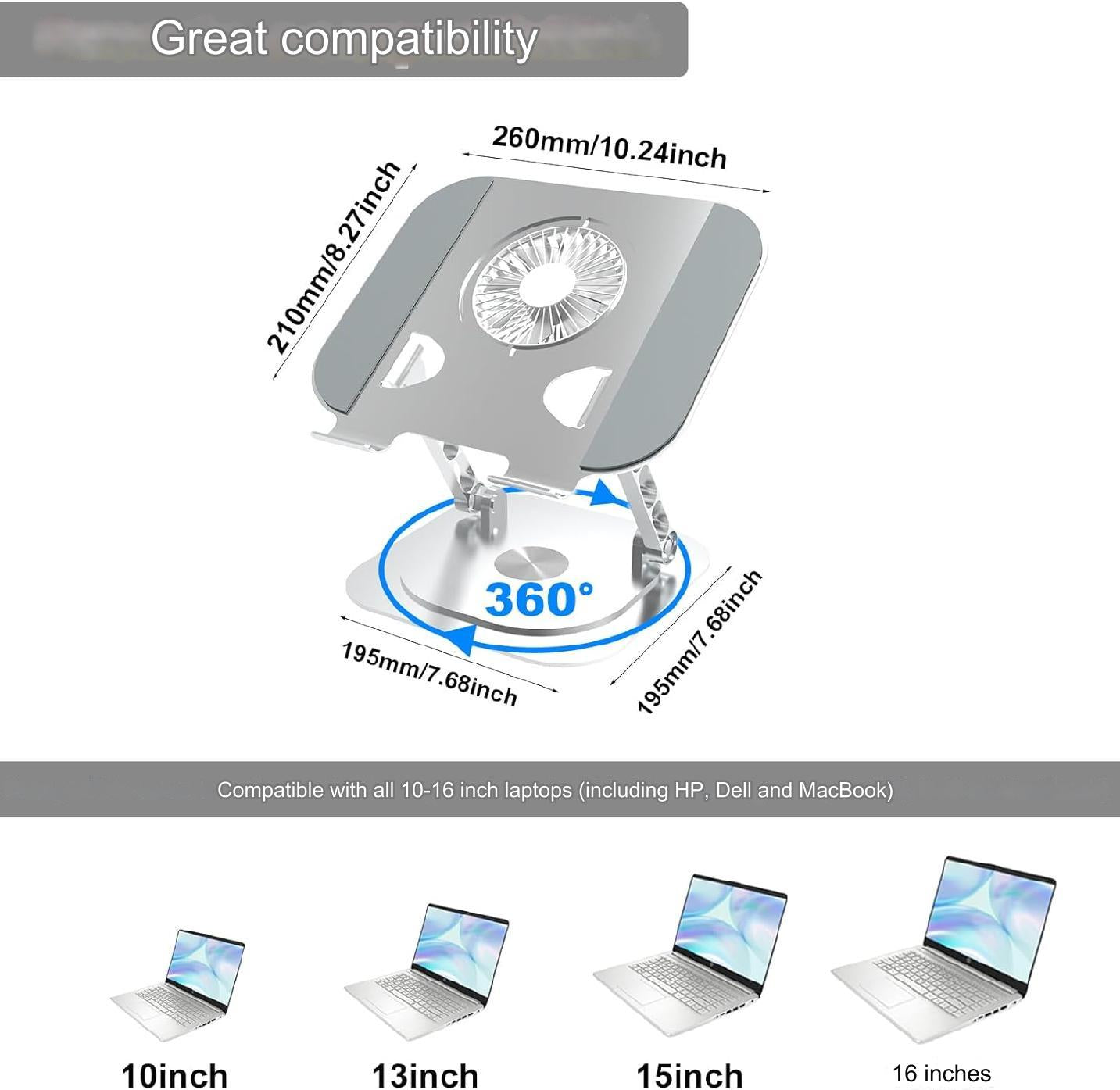 Stand pentru laptop si tableta, ventilatie prin cooler, pliabil si portabil, reglabil cu unghi de rotire de 360°, inaltime ajustabila, aluminiu, greutate suportata 10 kg, racire rapida si eficienta, Hsility