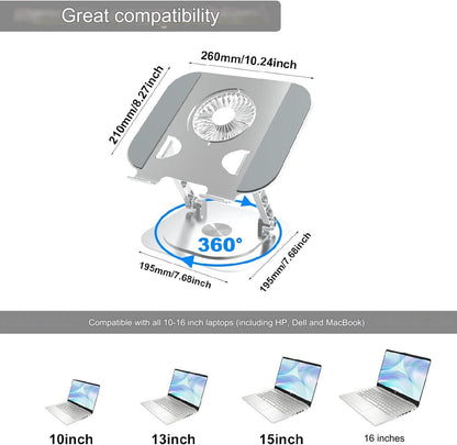 Stand pentru laptop si tableta, ventilatie prin cooler, pliabil si portabil, reglabil cu unghi de rotire de 360°, inaltime ajustabila, aluminiu, greutate suportata 10 kg, racire rapida si eficienta, Hsility
