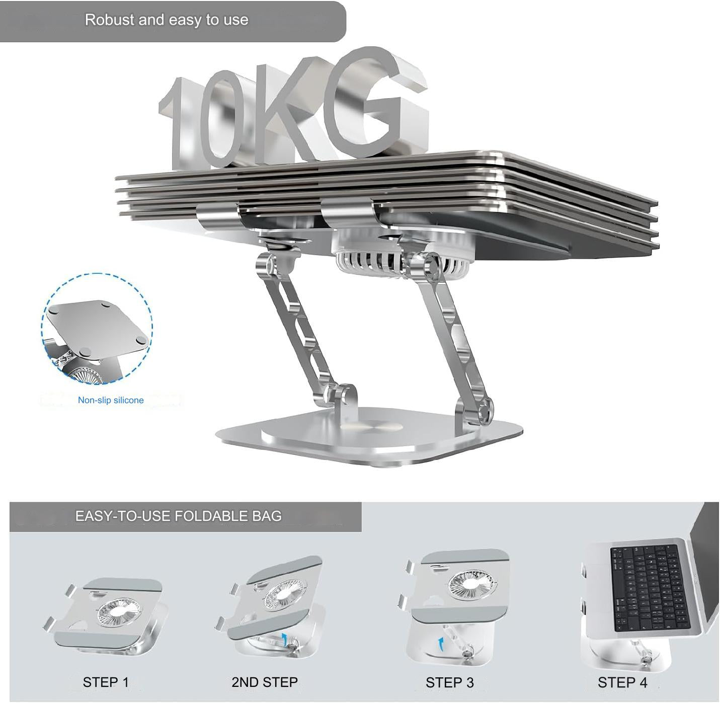 Stand pentru laptop si tableta, ventilatie prin cooler, pliabil si portabil, reglabil cu unghi de rotire de 360°, inaltime ajustabila, aluminiu, greutate suportata 10 kg, racire rapida si eficienta, Hsility