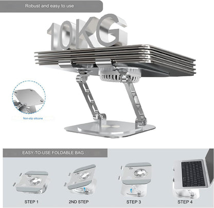 Stand pentru laptop si tableta, ventilatie prin cooler, pliabil si portabil, reglabil cu unghi de rotire de 360°, inaltime ajustabila, aluminiu, greutate suportata 10 kg, racire rapida si eficienta, Hsility