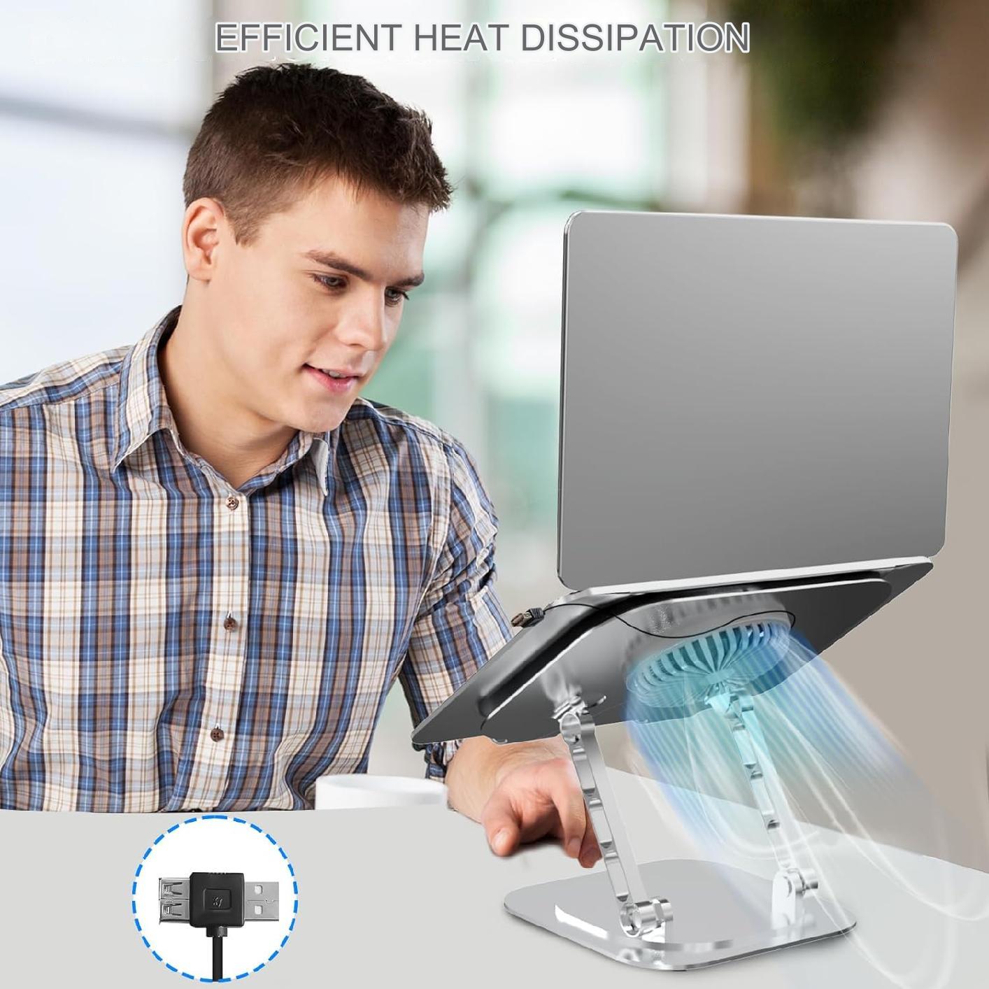 Stand pentru laptop si tableta, ventilatie prin cooler, pliabil si portabil, reglabil cu unghi de rotire de 360°, inaltime ajustabila, aluminiu, greutate suportata 10 kg, racire rapida si eficienta, Hsility