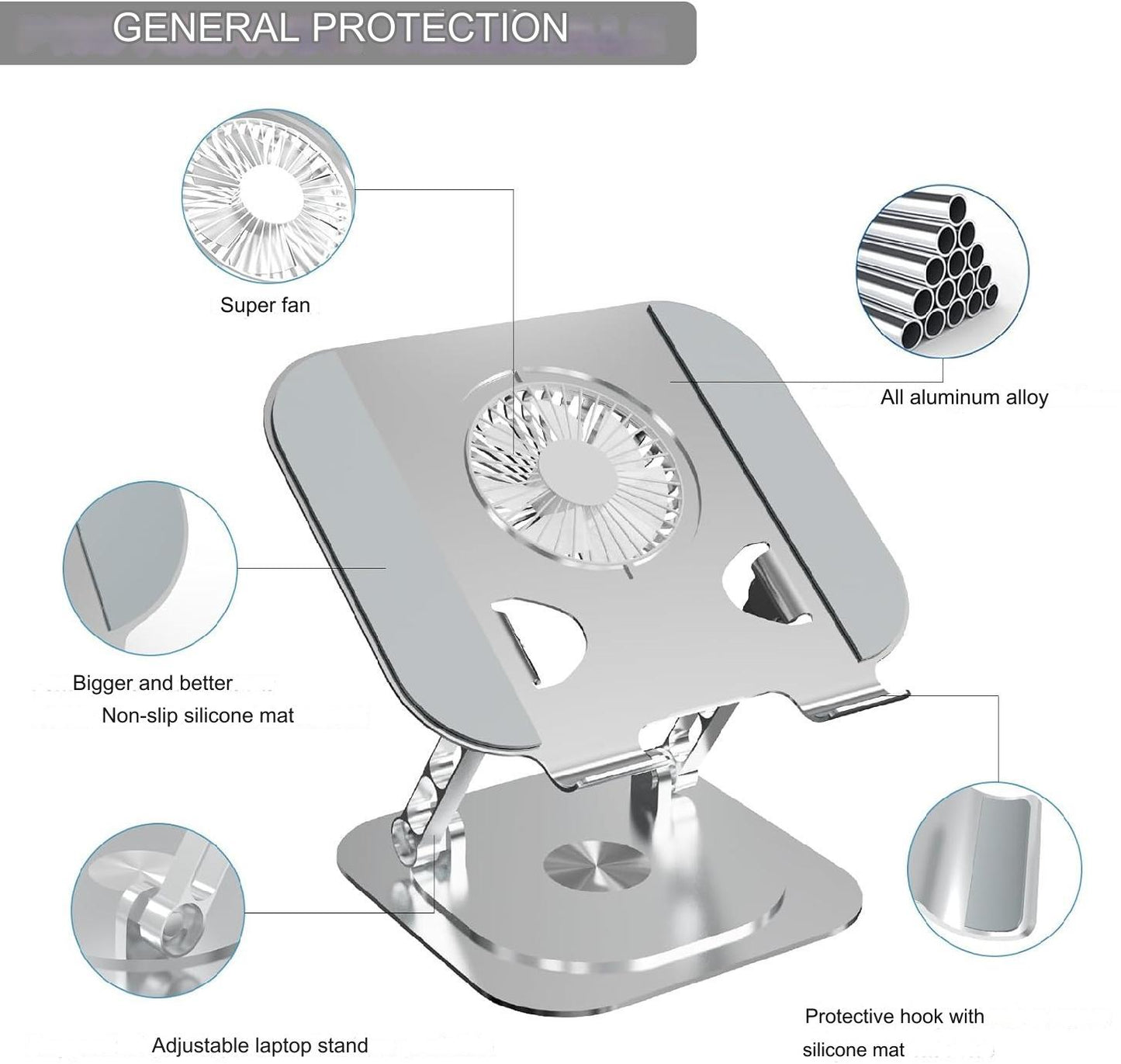 Stand pentru laptop si tableta, ventilatie prin cooler, pliabil si portabil, reglabil cu unghi de rotire de 360°, inaltime ajustabila, aluminiu, greutate suportata 10 kg, racire rapida si eficienta, Hsility