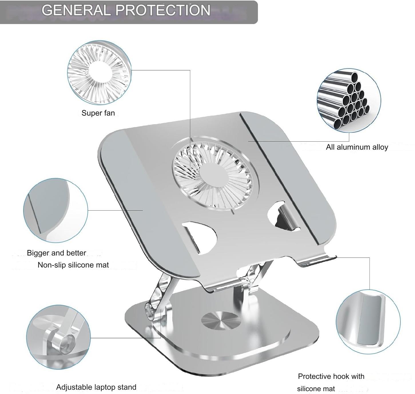 Stand pentru laptop si tableta, ventilatie prin cooler, pliabil si portabil, reglabil cu unghi de rotire de 360°, inaltime ajustabila, aluminiu, greutate suportata 10 kg, racire rapida si eficienta, Hsility