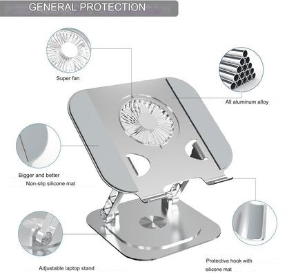 Stand pentru laptop si tableta, ventilatie prin cooler, pliabil si portabil, reglabil cu unghi de rotire de 360°, inaltime ajustabila, aluminiu, greutate suportata 10 kg, racire rapida si eficienta, Hsility